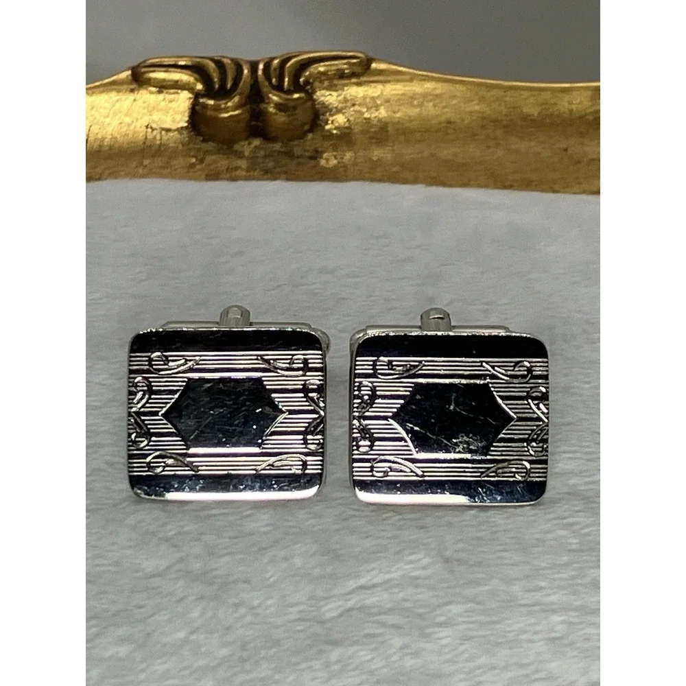 Vtg Silver‎ Tone Cufflinks Ornate Monogram Engrave Ready Old Money Estate MCM